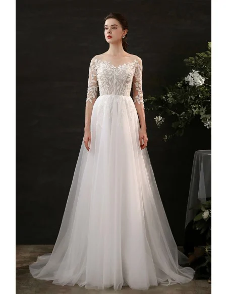 Unique Leaf Lace Flowy Long Tulle Boho Wedding Dress with Half Sleeves