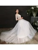 Unique Leaf Lace Flowy Long Tulle Boho Wedding Dress with Half Sleeves