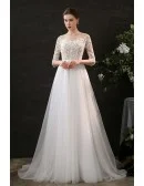 Unique Leaf Lace Flowy Long Tulle Boho Wedding Dress with Half Sleeves