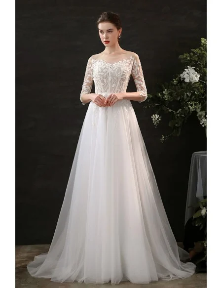 Unique Leaf Lace Flowy Long Tulle Boho Wedding Dress with Half Sleeves