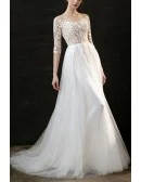 Unique Leaf Lace Flowy Long Tulle Boho Wedding Dress with Half Sleeves
