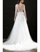 Unique Leaf Lace Flowy Long Tulle Boho Wedding Dress with Half Sleeves