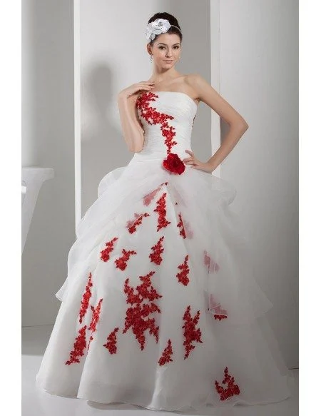 Gorgeous Red and White Lace Organza Wedding Dress Strapless