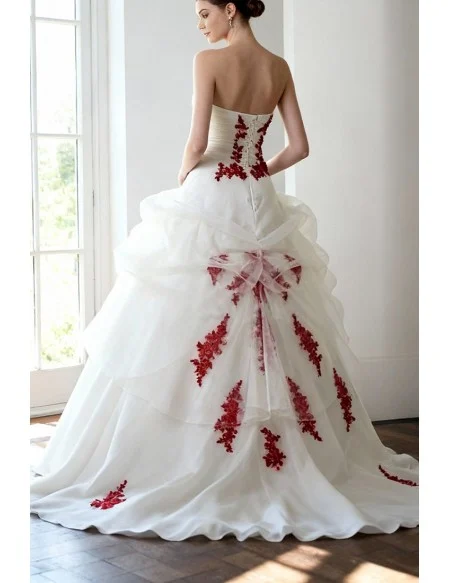 Gorgeous Red and White Lace Organza Wedding Dress Strapless
