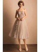 Vintage A-line Strapless Tea-length Tulle Wedding Dress With Lace