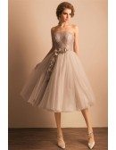 Vintage A-line Strapless Tea-length Tulle Wedding Dress With Lace