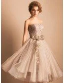 Vintage A-line Strapless Tea-length Tulle Wedding Dress With Lace