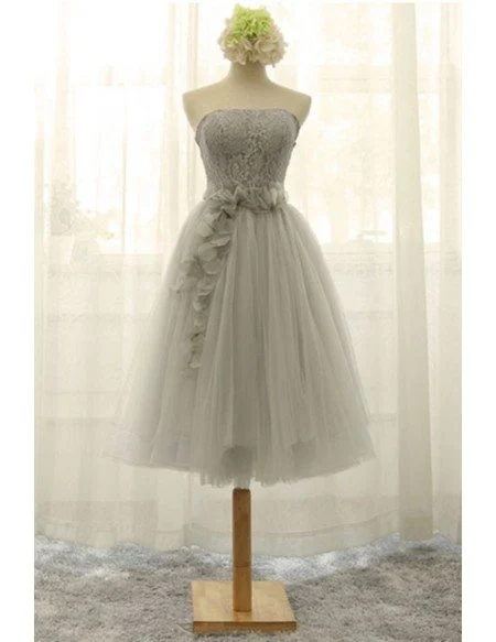 Vintage A-line Strapless Tea-length Tulle Wedding Dress With Lace