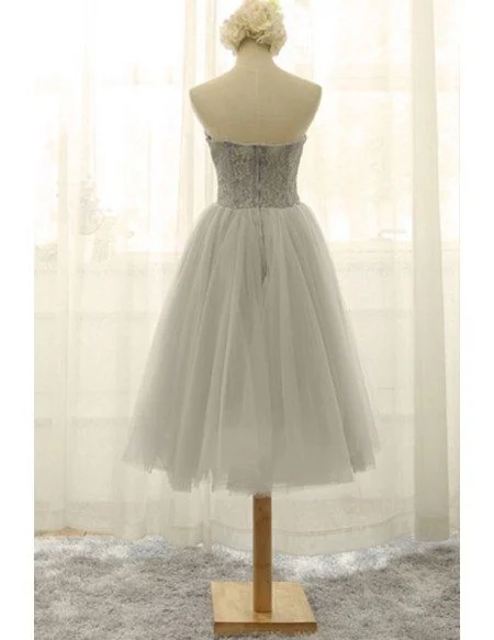 Vintage A-line Strapless Tea-length Tulle Wedding Dress With Lace