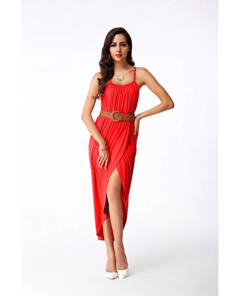 Spaghetti Strap Red Maxi Dress With Slit -GemGrace