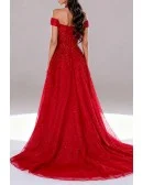 Sparkling Sequin Red Tulle Long Trained Prom Dress with Off Shoulder Straps