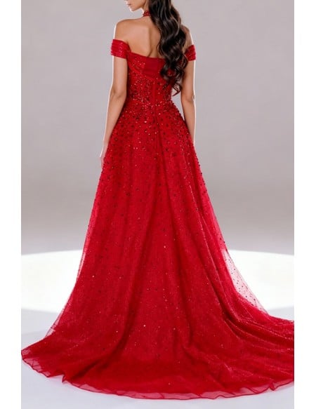 Sparkling Sequin Red Tulle Long Trained Prom Dress with Off Shoulder Straps