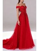 Sparkling Sequin Red Tulle Long Trained Prom Dress with Off Shoulder Straps