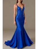 Sexy Mermaid Royal Blue Glittering Sequined V Neck Prom Dress With Open Back