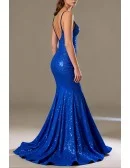 Sexy Mermaid Royal Blue Glittering Sequined V Neck Prom Dress With Open Back