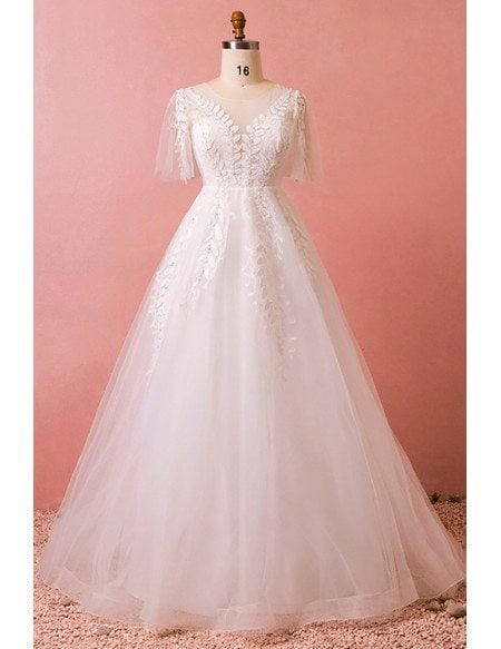 Custom Leaf Shape Lace Aline Wedding Dress Laceup with Puffy Sleeves High Quality