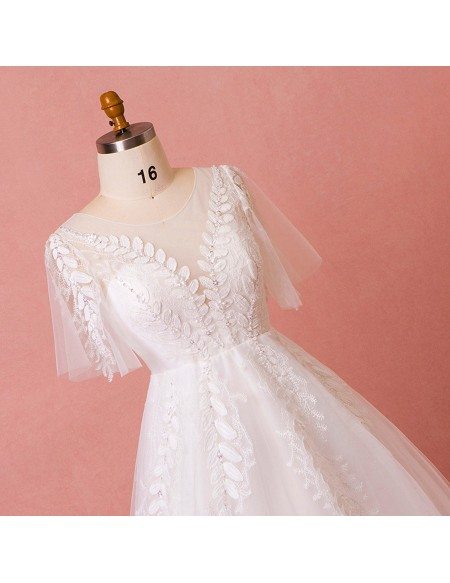 Custom Leaf Shape Lace Aline Wedding Dress Laceup with Puffy Sleeves High Quality