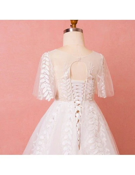 Custom Leaf Shape Lace Aline Wedding Dress Laceup with Puffy Sleeves High Quality