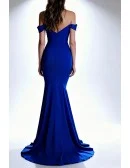 Off Shoulder Simple Long Royal Blue Satin Mermaid Prom Dress with Sweetheart Neck