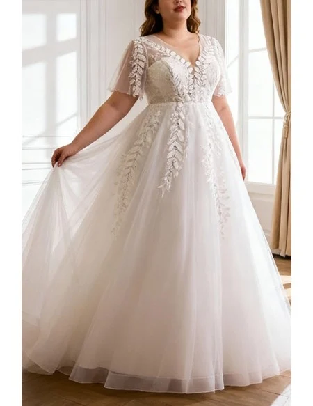 Custom Leaf Shape Lace Aline Wedding Dress Laceup with Puffy Sleeves High Quality