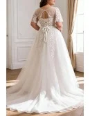 Custom Leaf Shape Lace Aline Wedding Dress Laceup with Puffy Sleeves High Quality
