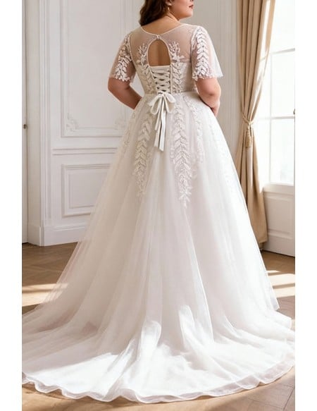 Custom Leaf Shape Lace Aline Wedding Dress Laceup with Puffy Sleeves High Quality