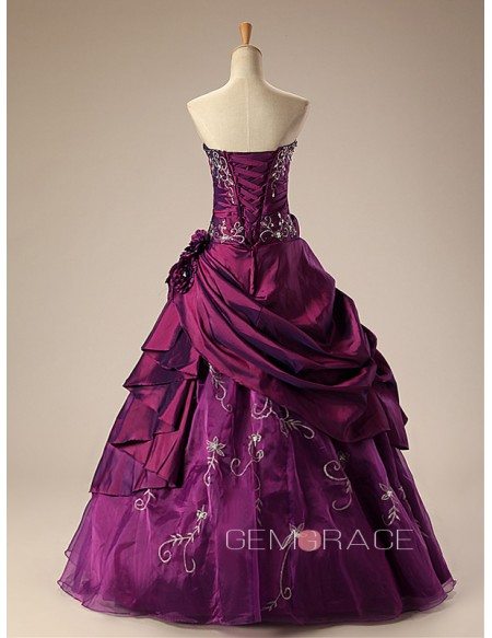 Grape Ballgown Embroidered Strapless Long Gown with Ruffles