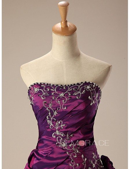 Grape Ballgown Embroidered Strapless Long Gown with Ruffles