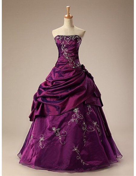 Grape Ballgown Embroidered Strapless Long Gown with Ruffles