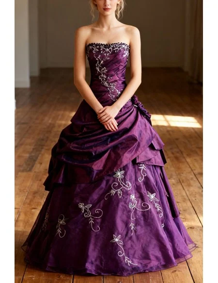 Grape Ballgown Embroidered Strapless Long Gown with Ruffles