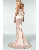 Sexy Blush Satin Corset Mermaid Long Prom Dress with Deep V Neck and High Side Slit