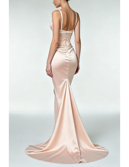 Sexy Blush Satin Corset Mermaid Long Prom Dress with Deep V Neck and High Side Slit