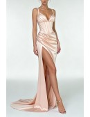 Sexy Blush Satin Corset Mermaid Long Prom Dress with Deep V Neck and High Side Slit