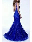 Glittering Royal Blue Sequin Lace Mermaid Prom Dress with Deep V-neck and High Slit