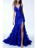 Glittering Royal Blue Sequin Lace Mermaid Prom Dress with Deep V-neck and High Slit