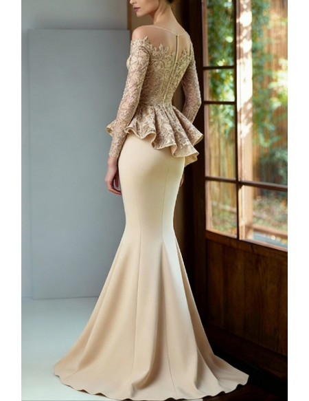 Elegant Champagne Lace Floral Embroidery Formal Dress with Long Sleeves and Mermaid Silhouette
