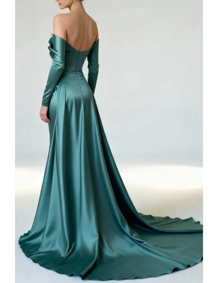 Elegant Teal Blue Satin Long Mermaid Beaded Ruched Prom Dress With Off The Shoulder Sleeves And Train