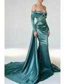 Elegant Teal Blue Satin Long Mermaid Beaded Ruched Prom Dress With Off The Shoulder Sleeves And Train