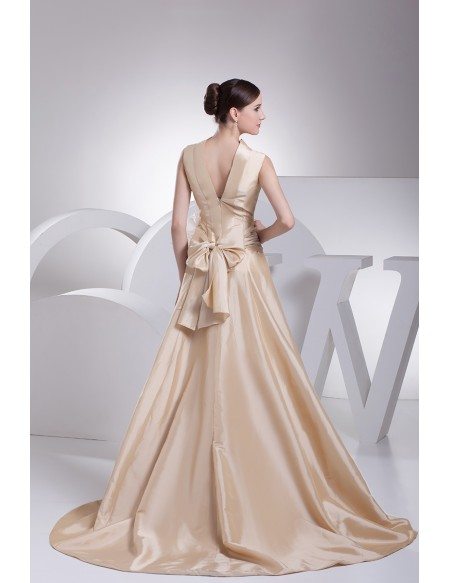 Elegant High Neck Champagne Long Taffeta Formal Dress with Train