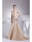 Elegant High Neck Champagne Long Taffeta Formal Dress with Train