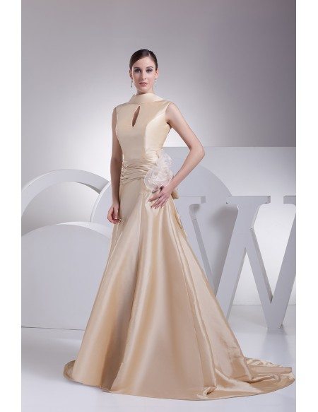 Elegant High Neck Champagne Long Taffeta Formal Dress with Train
