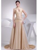 Elegant High Neck Champagne Long Taffeta Formal Dress with Train