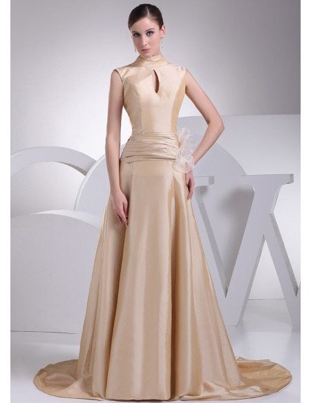 Elegant High Neck Champagne Long Taffeta Formal Dress with Train
