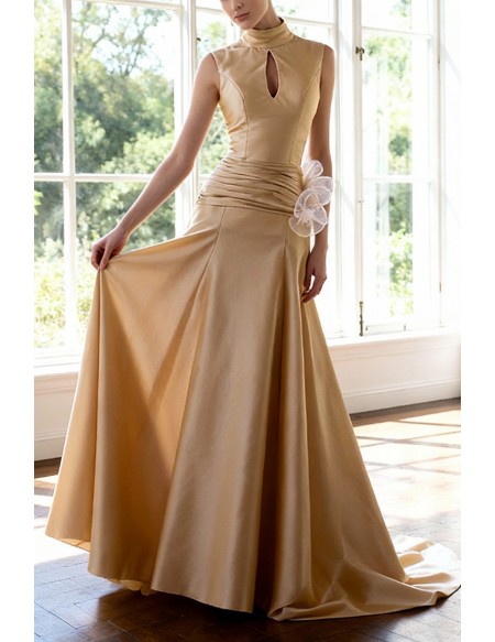 Elegant High Neck Champagne Long Taffeta Formal Dress with Train