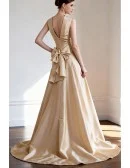 Elegant High Neck Champagne Long Taffeta Formal Dress with Train