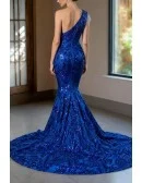 Sparkly Sequin Royal Blue Mermaid Train Prom Dress Long With Embellished One Shoulder
