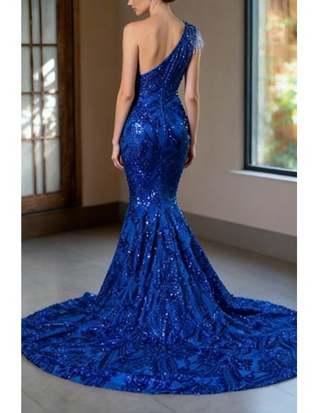 Sparkly Sequin Royal Blue Mermaid Train Prom Dress Long With Embellished One Shoulder