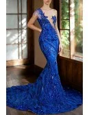 Sparkly Sequin Royal Blue Mermaid Train Prom Dress Long With Embellished One Shoulder