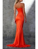 Striking Orange Satin Pleated Long Split Prom Dress With Spaghetti Straps and V neck
