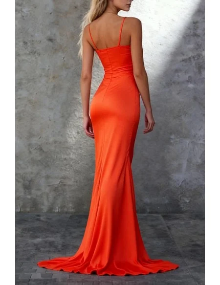 Striking Orange Satin Pleated Long Split Prom Dress With Spaghetti Straps and V neck